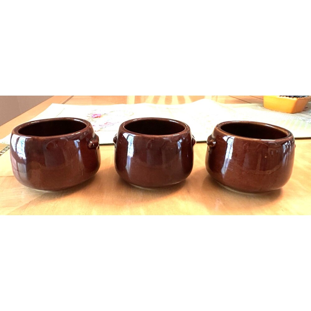 Vintage West Bend USA Brown Glaze Set Of 3 Mini Ceramic Bean Pot 3.5” Diameter